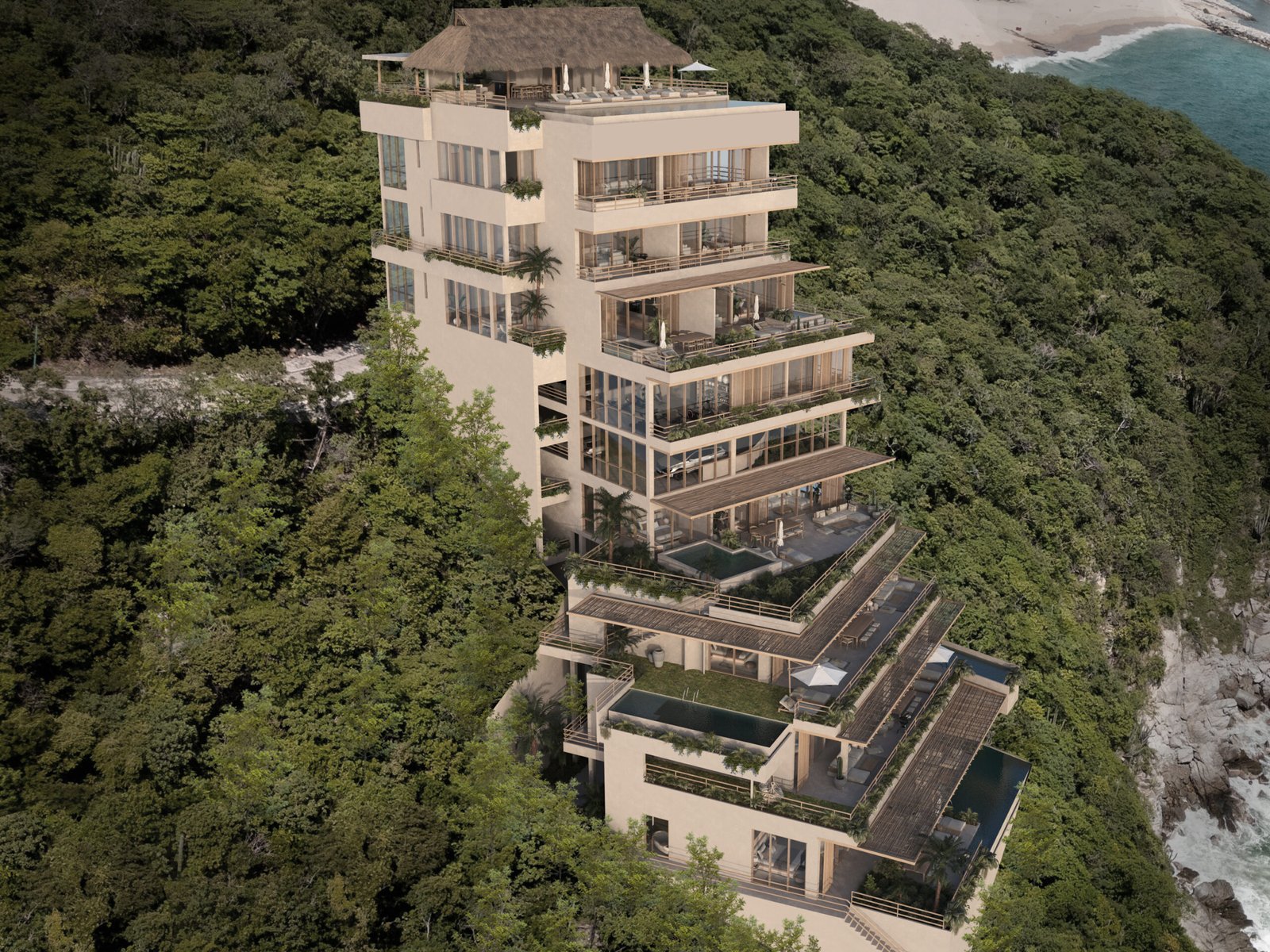 Oceanside Residences, Tangolunda, Oaxaca. Aerial view of the cliffside development.
