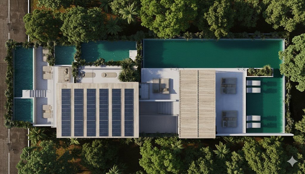 Ekua, Santa Cruz, Oaxaca. Site plan showing pools, terraces and solar array.